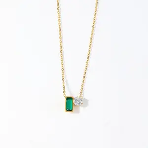Gold Tone Green Rectangle Crystal Pendant Necklace for Women, Sparkly Crystal Charm Necklace, Dainty Everyday Fashion Jewelry