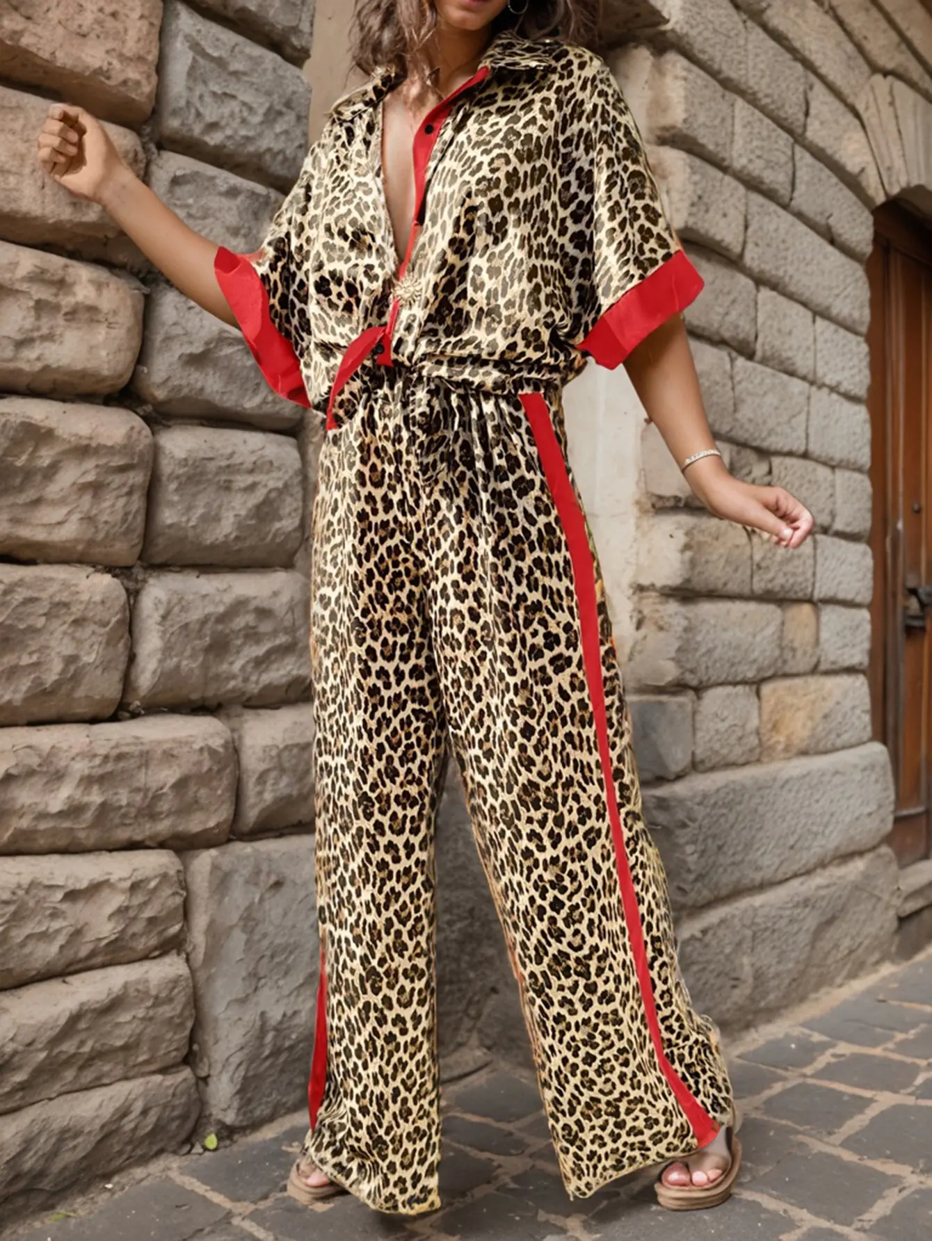 Women's 2-Piece Clothing Set - Leopard Print Trendy Blouse, Short Sleeves, Contrast-Color Lightweight Wide-Leg Trousers, Summer Vacation Beach Outfit (Women's Clothing, 2 Piece Sets)