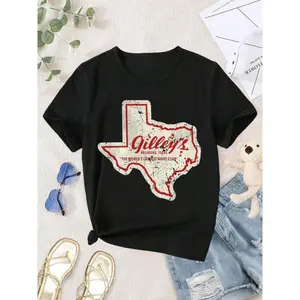 Vintage Gilleys Pasadena Texas Women's T-Shirt - Retro Western Style 100% Cotton Short Sleeve Crew Neck Black Tops Womenswear