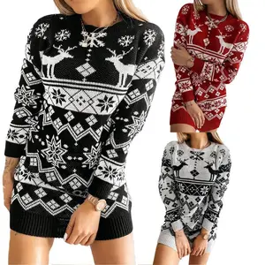 Christmas ladies' knitted dress, autumn ladies' temperament, reindeer snowflake round neck long sleeved sweater short skirt