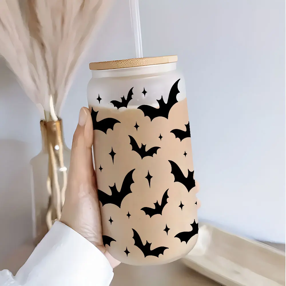 Halloween Bats & Stars Design 16oz Glass Can Cup with Lid and Straw, Reusable, Glass Jar for Iced Coffee, Cold Drinks, Spooky Glassware, Perfect Gift for Halloween Lovers, Gothic Enthusiasts, Mom, Funny Dad Tumbler, Drink Containers