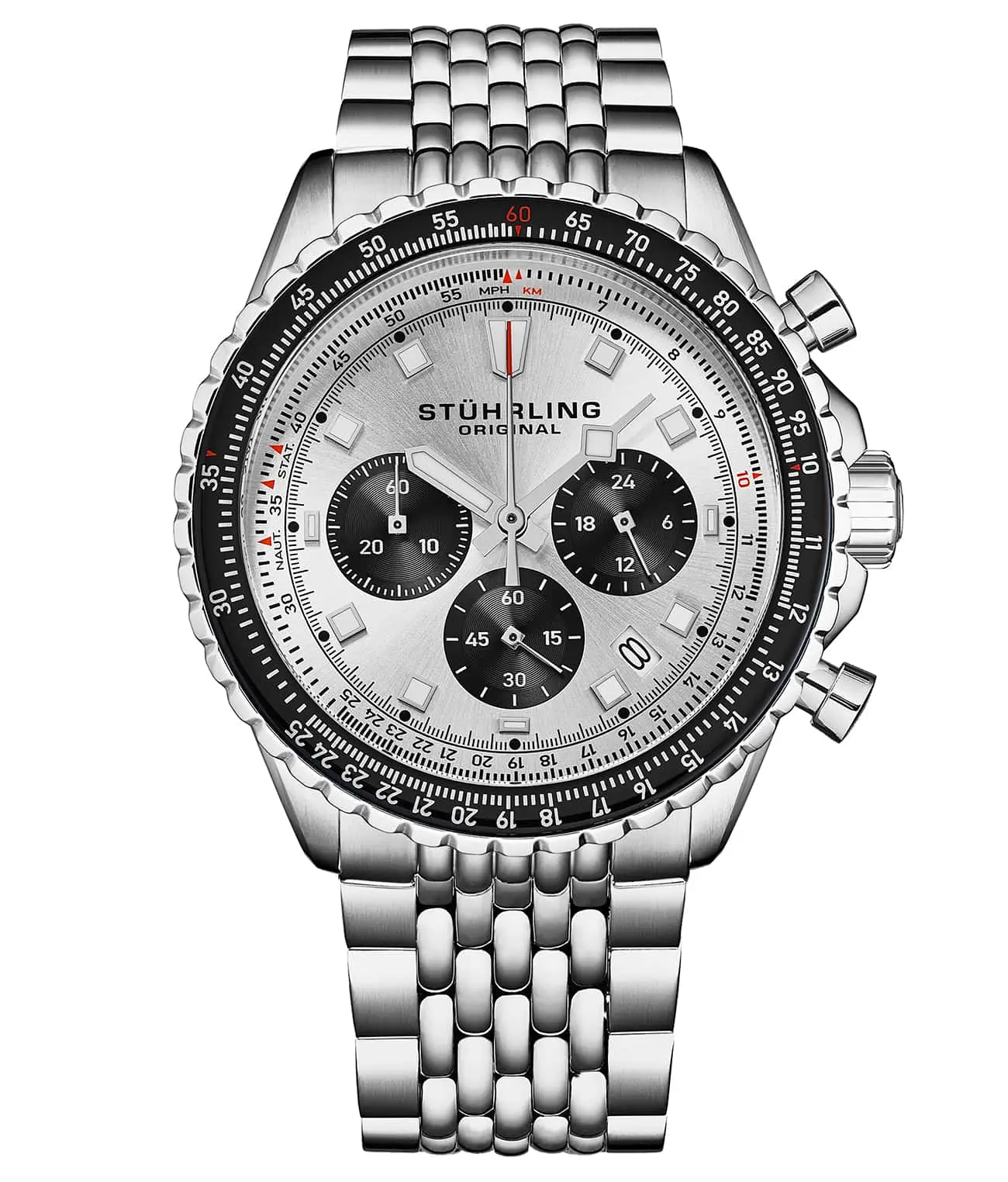 Men's 44mm RaceWay Style Japanese Chronograph Movement Watch with Stainless Steel Bracelets, Luminous Hands (Luminosity), Tachymeter Scale, 3 Subdials, Date Window, Three Subdials