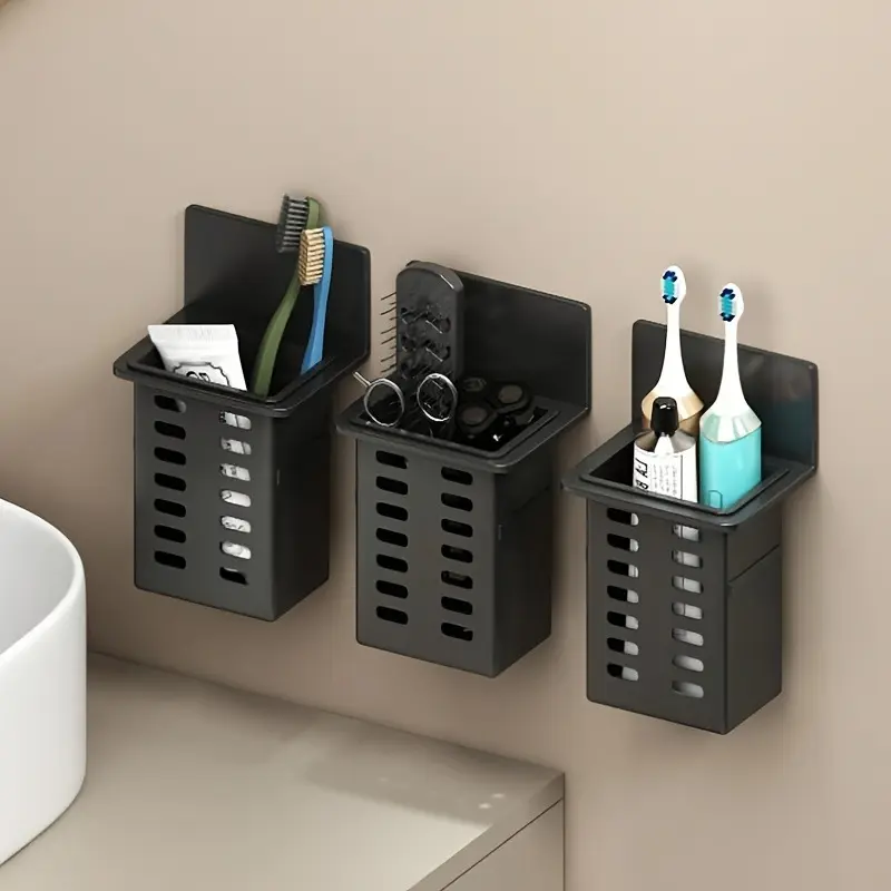 Wall Mounted Waterproof Adhesive Toothbrush Holder with Toothpaste Storage - No-Drill Space-Saving Oral Care Rack, Bathroom Accessory for Apartment, Home, Toothbrush Holder Set, Polyester, Organiser, Bathroom Accessories, Dorms, Adhesive Tape, Renters