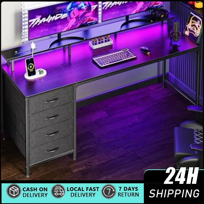 47-Inch Sturdy Gaming Desk for Office Use, Office Furniture with Power Outlets, LED Lights, 4 Drawers, Dual Monitor Arms, Monitor Shelf, Storage Platform, Home Office Desks, Computer Laptop Desk