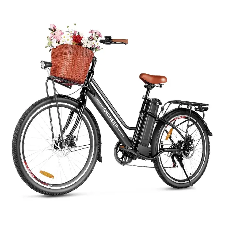 26'' Ancheer Electric Bike for Adults, 500W HIgh Speed Motor,with 48V/374Wh Battery, Up to 50Miles Step Through Commuter Ebike/Electric Bicycle with Basket, LCD Display