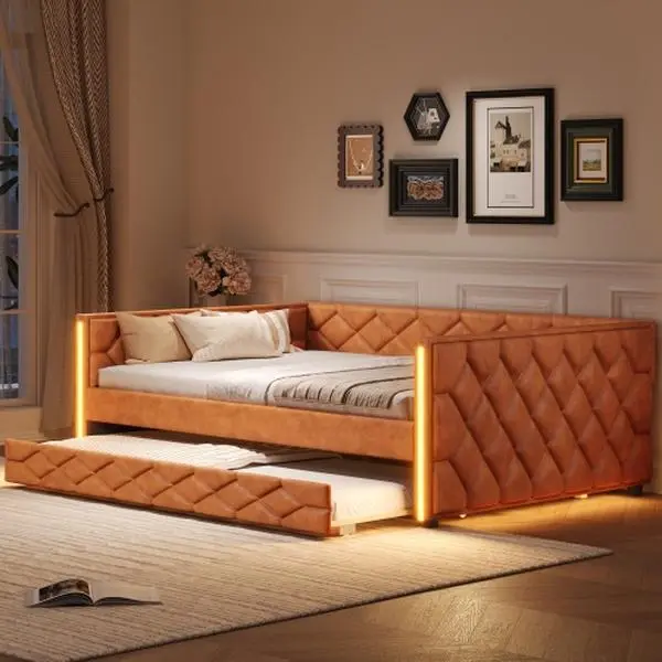【Bellemave】Full XL Size Upholstered Daybed with Trundle and LED, Brown (Expected Arrival Time: 9.17) 【Bellemave】Full XL Size Upholstered Daybed with Trundle and LED, Brown (Expected Arrival Time: 9.17)