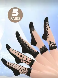 5 Pairs Women's Mid-Calf Skin Color Thick Fitted Socks with Sole, Crystal Silk Lace Embroidery, Durable, Breathable, Non-Slip for Spring Summer Autumn Everyday Wear