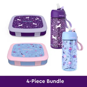 Bentgo Kids Prints Lunch Boxes & Water Bottles 4 Piece Bundle - Leak Proof, Drop Resistant, Ideal for Kids on the Go