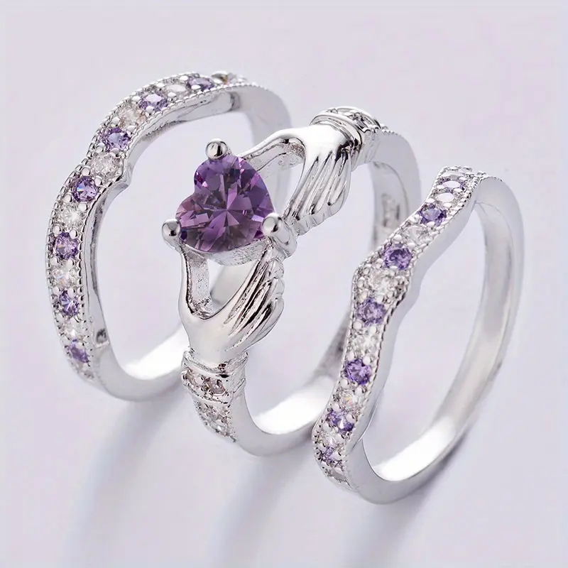 3pcs Claddagh Heart Design Rings - Vintage Cubic Synthetic Zirconia Jewelry with Purple, Blue & Stones, Irish Luck Symbols (Loyalty, Friendship, Love), Casual Attire or Gift for, Year-Round Elegant Party