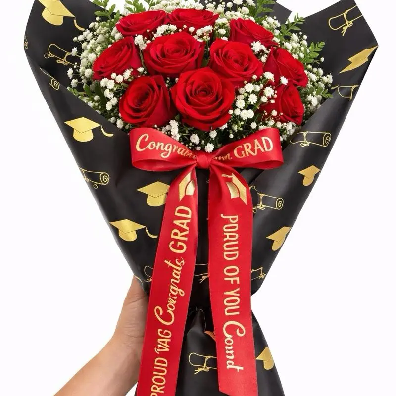 Graduation Gift Wrapping Paper Set - 20 Sheets, 4-yd Ribbon, 22x22in Waterproof Bouquet Packaging Wrap