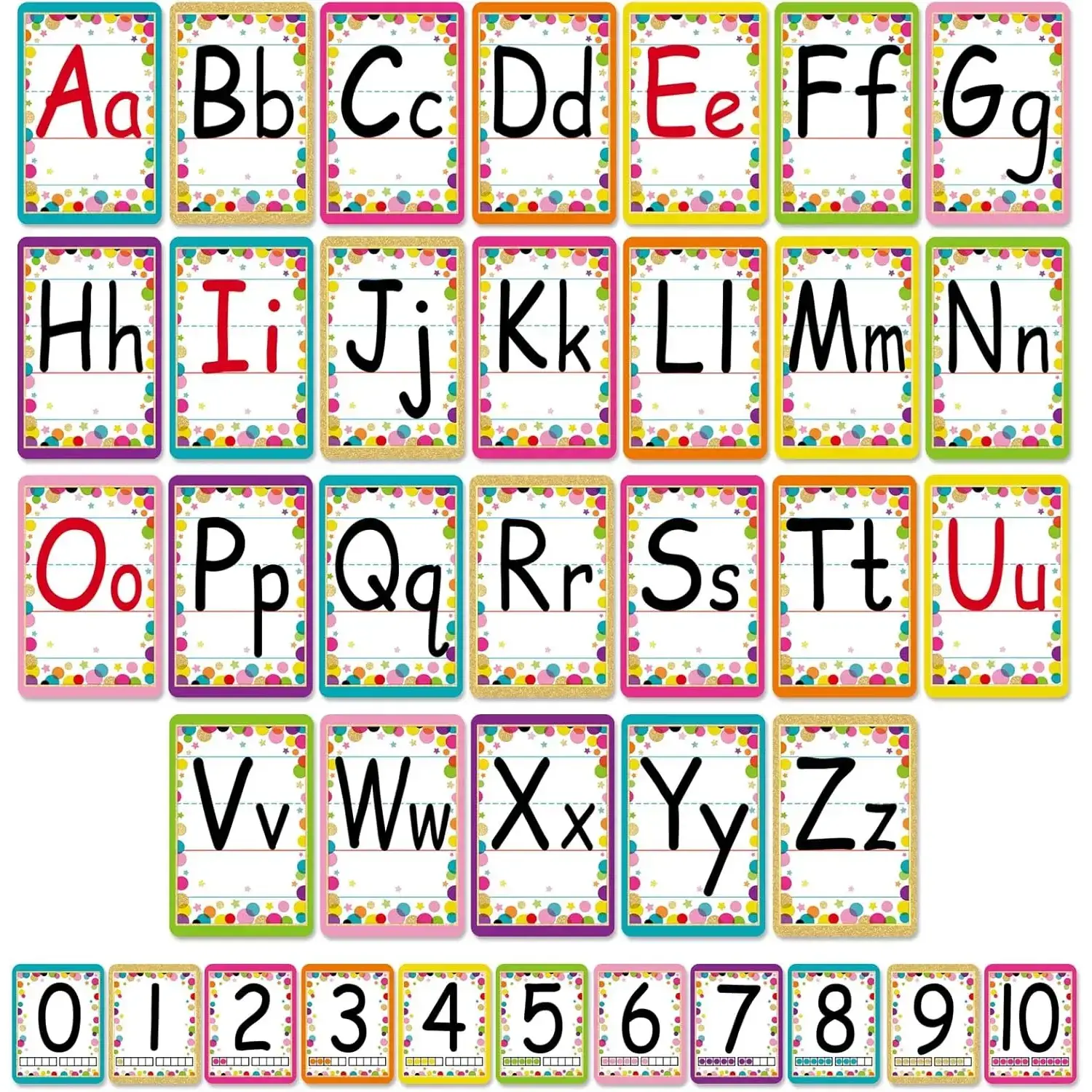 Fun Confetti Pattern Reusable Bulletin Board Letters Set - Includes Letters, ABC Alphabet Poster, 126 Adhesive Glue Dots, 11 Number Cards, Wall Display Supplies for Toddlers (Classroom, Nursery Decor), 126 Glue Dots