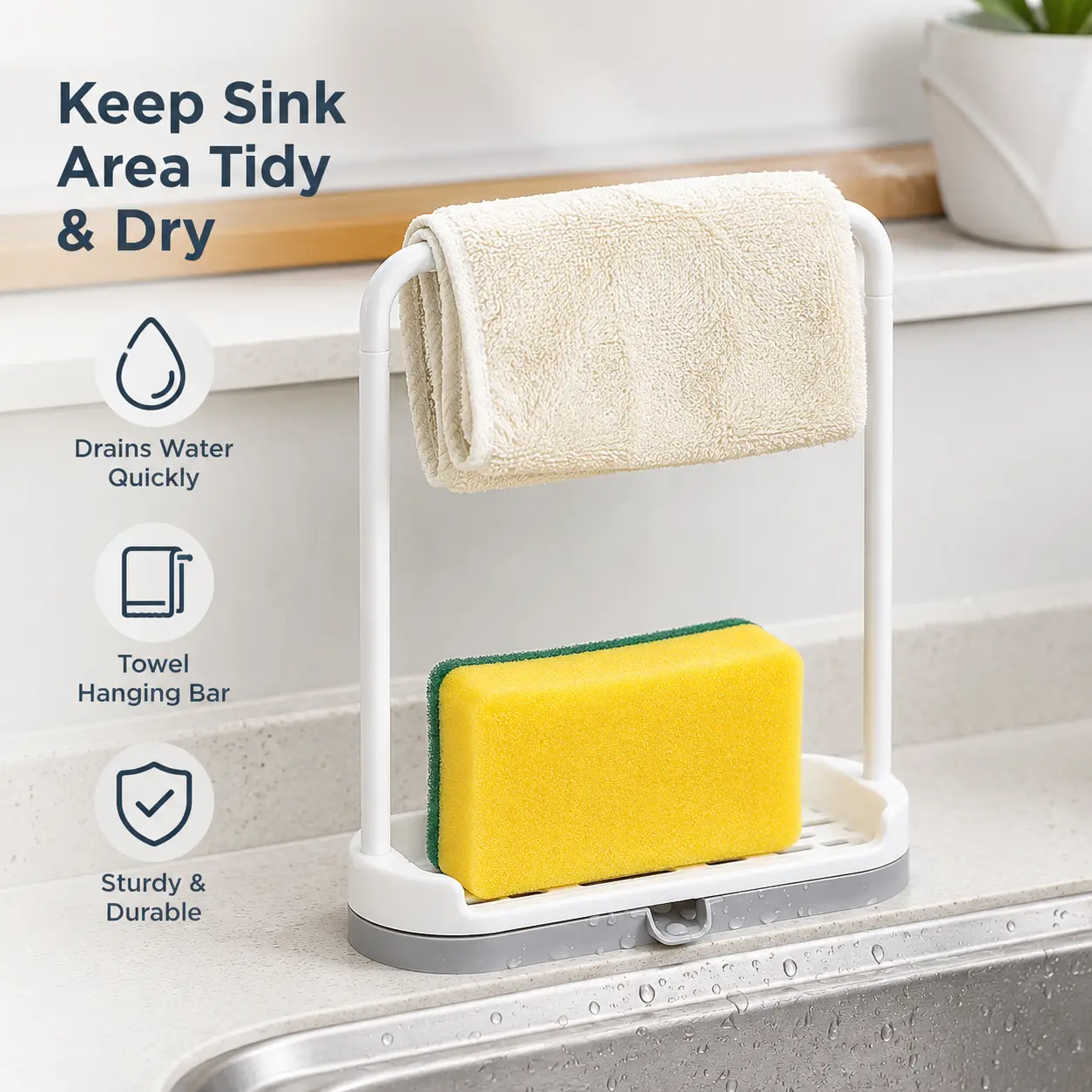 Single Unit Kitchen Sink Organiser - PP Plastic Dishcloth Holder with Drainage Tray, Simple Design, for Holding Cleaning Sponges and Dish Towels on Kitchen Countertops
