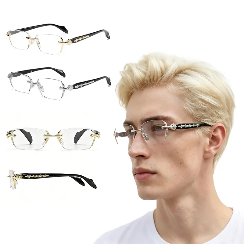 Frameless Glasses with Blue Light Blocking - HD Clear Lenses & Sparkling Diamond-Cut Edges, Fashion Metal Temples for Women Men, Computer Gaming Readers, Daily Street Style Eyewear, Non-Prescription Glasses