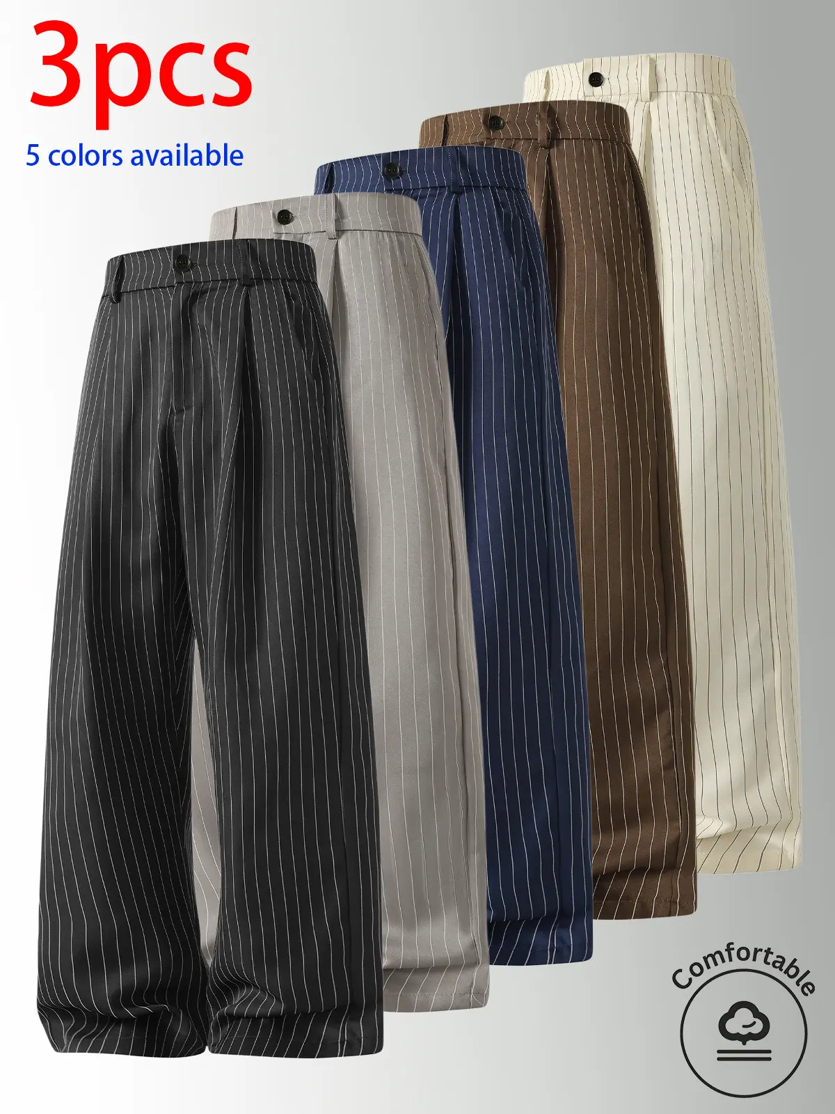3-pack men’s long pants: men’s suit trousers, men’s casual dress pants. Button closure at the front, vertical stripes that evoke a retro vibe, smooth drape and wrinkle resistance, straight-leg design that’s versatile and easy to match, with a relaxed fit