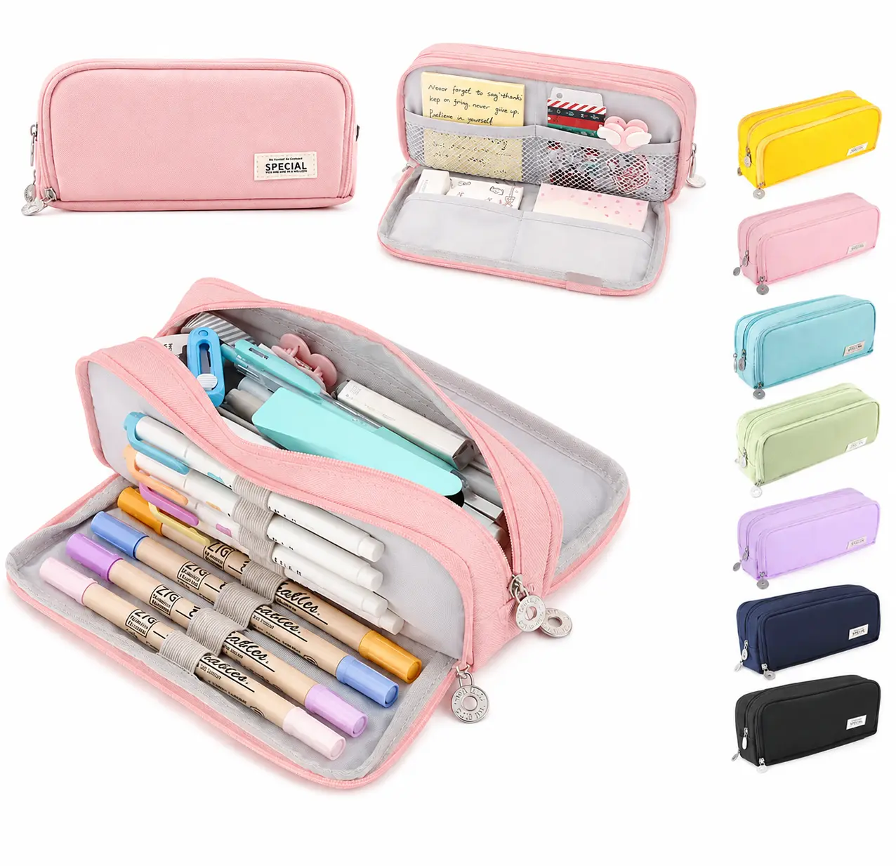 Large Capacity Pencil Case, 3-Compartment Double Zipper Pencil Pouch with Mesh Pocket & Pen Slots, Aesthetic Stationery Organizer for Teens, College, School, Travel & Back to School Supplies