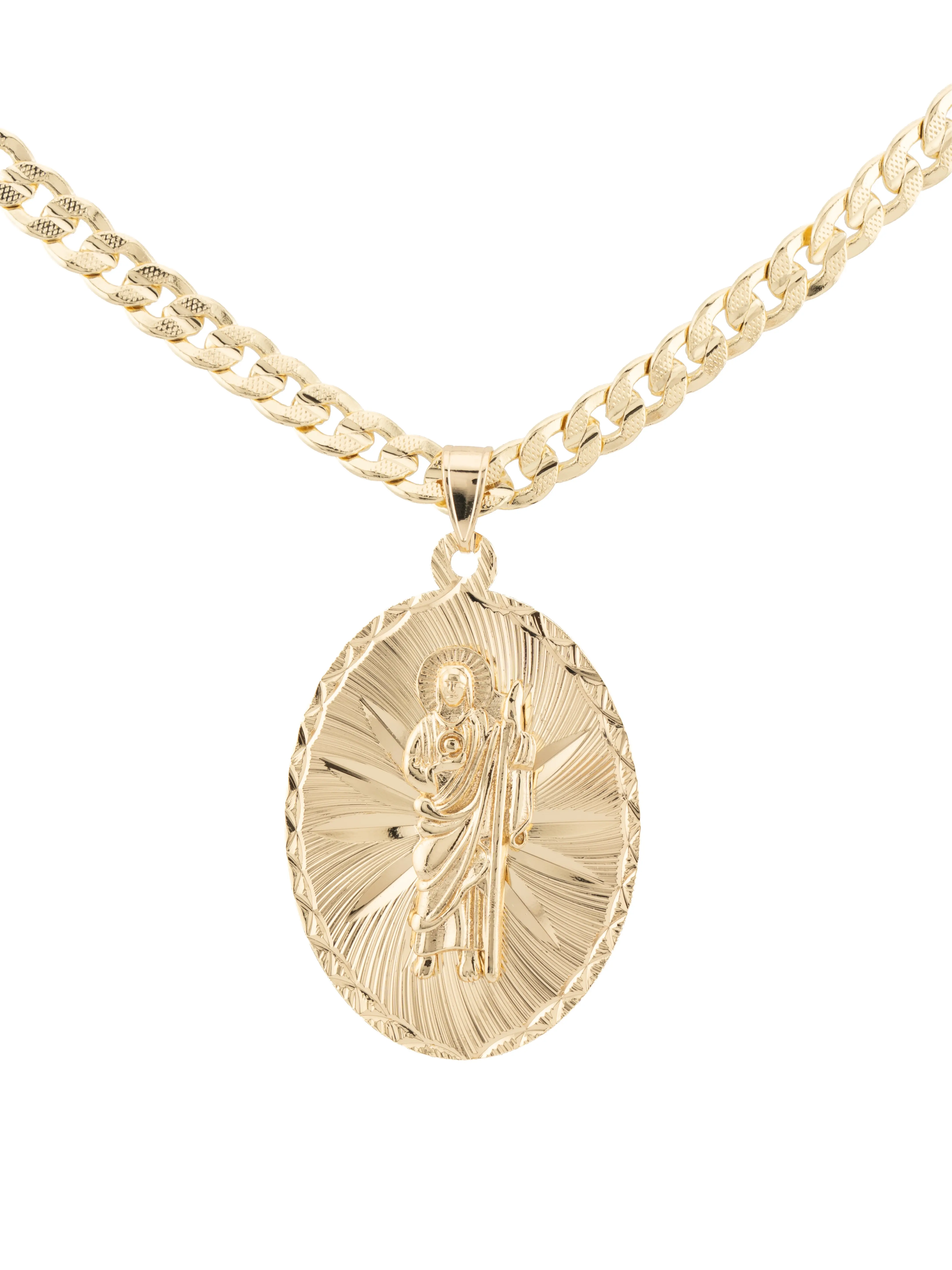 Large St. Jude pendant in gold-plated steel, accompanied by a 24-inch Cuban style chain