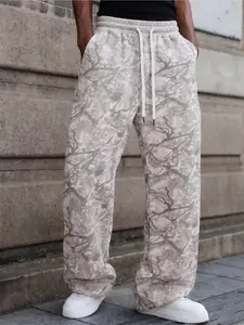 Vintage Abstract Camo Print Wide Leg Sweatpants, Comfortable Elastic Drawstring Baggy Joggers, Neutral Tone Streetwear Pants for Y2K, Harajuku, Gym & Casual Daily Outfits
