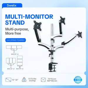 3 MONITORS. ONE STAND. TOTAL IMMERSION. Triple Monitor Arm — Gas Spring Arms, 15-32" Screens, Tilt & Swivel, 17.6lbs per Arm, Cable Management, C-Clamp & Grommet Ergonomic Adjustable Monitor Arm