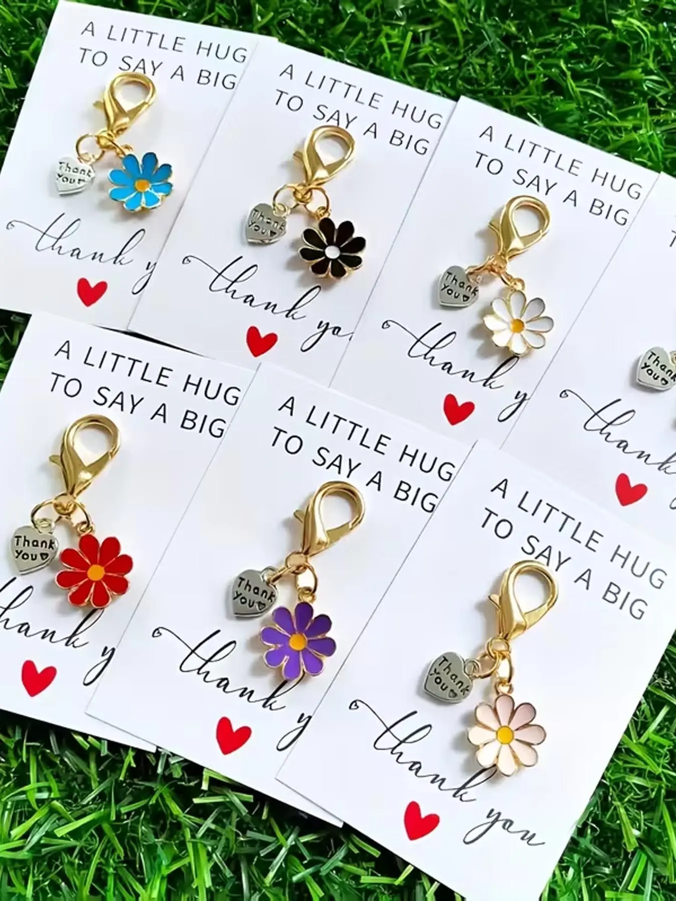 7 Pcs Daisy Keychain Set with Thank You Card, Encouragement and Gratitude Souvenir, Suitable for Daily Bag Decoration, Christmas and Valentine's Day Gifts, Cute Metal Material Floral Pattern Keychain for Bags, Bag Key Accessory