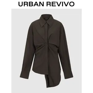 URBAN REVIVO Women's Elegant Long-Sleeve Asymmetric Twist-Front Blouse Shirt - Versatile 1-Piece for Skirts, Jeans (Style UWA250012)