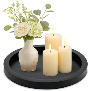 Round Decorative Small Wooden Serving Tray Black Rustic Farmhouse Candle Centerpiece Tray for Coffee Dining Table Countertop Kitchen Living Room Bathroom Home Decor
