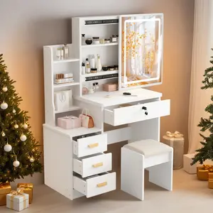 Vanity Desk with Lights,Vanity Table with Lighted Sliding Mirror , Dressing Table Set with 1 Large Drawers and 3 small drawers,Vanity Mirror 3 Lighting Color Adjustable,White