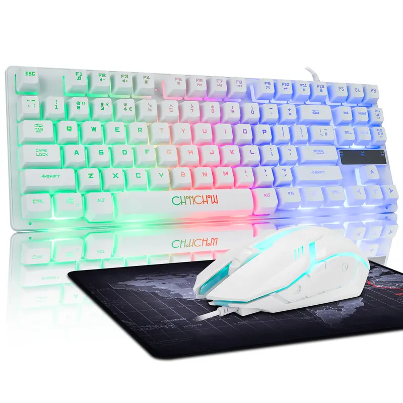 CHONCHOW 87-Keys TKL Wired Color Backlight Keyboard+Mouse Combo, 3200DPI Gaming Mouse, ABS Plastic White Set, Multi-Platform Gaming PC Accessories for PC, Laptop Gamers