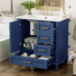 Bellemave 30" Modern Bathroom Vanity with Sink Combo Set in Blue, 3 Drawers, Soft Closing Doors, Solid Wood Frame, Storage Cabinet Chest