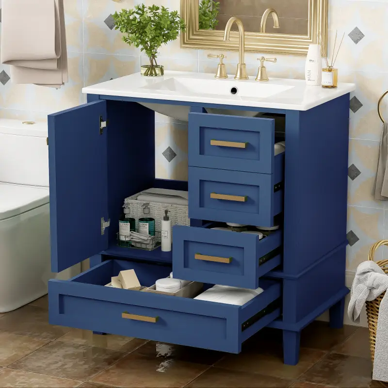 Bellemave 30-in Modern Blue Wood Bathroom Vanity Combo Set - 30x18.3x34", Solid Wood Frame, 3 Drawers, Soft-Closing Doors, Waterproof, Sturdy Base, Smooth Texture, Built-in Storage Bathroom Furniture, 97.89 lbs