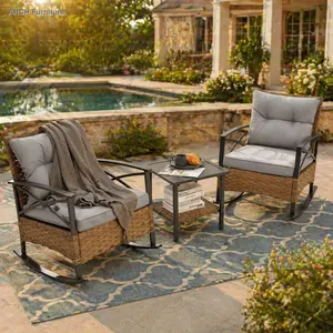 3pcs Grey ARCH Outdoor Rattan Rocking Chair Set, Wholesale Leisure Outdoor Furniture Set Patio Conversation Set Lounge