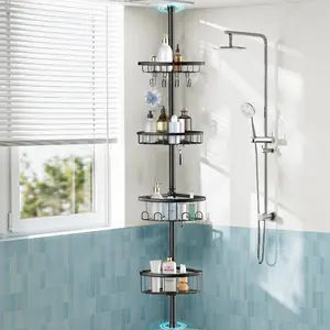 4 Tier Adjustable Corner Shower Caddy – Stainless Steel Rustproof Bathroom Organizer, No-Drill Tension Pole (47-121 Inch), Heavy-Duty Shelves & Hooks for Shampoo, Loofah, Bathtub Shampoo Storage – Quick Assembly, Black Rack