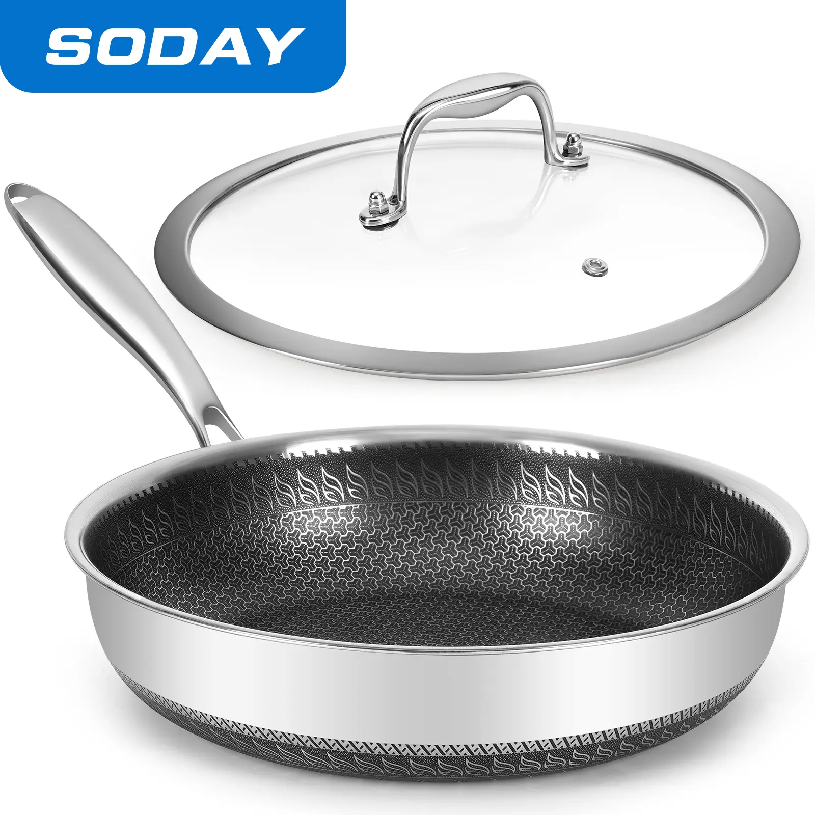 Soday 11/12inch Nonstick Frying Pan with Lid 2.5/5 Qt Deep Stainless Steel Sauté Pan Dishwasher & Oven Safe Cookware for All Cooktops,dealsforyoudays