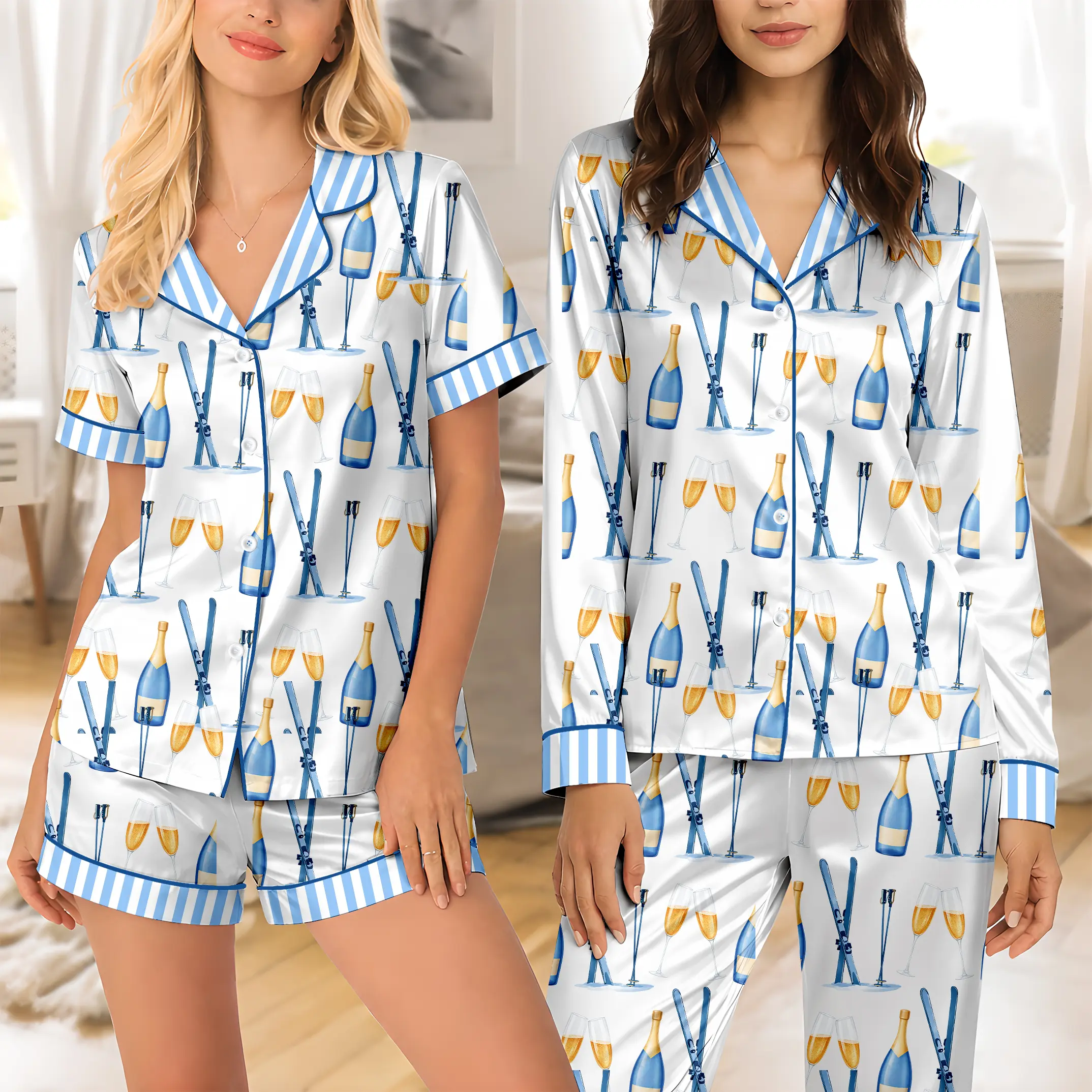 Champagne and Ski Pajamas Set, Cute Apres Ski Sleepwear, Winter Skiing & Bubbly Lounge Set, Luxury Satin Pjs for Her, Ski Resort Gift Idea