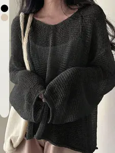 Women's Loose-Fit High Elasticity Knitted Sweater, Casual Long Sleeve Pullover for Spring & Fall, Thick Fabric, No Collar Design
