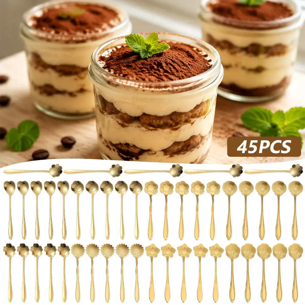 Pack of 45 Gold Flower Teaspoon Stainless Steel Tea Party Spoons Mini Cute Teaspoon Stirring Coffee Sugar Drink Demitasse Espresso Spoons for Bridal Shower Wedding Party Favors Decorations
