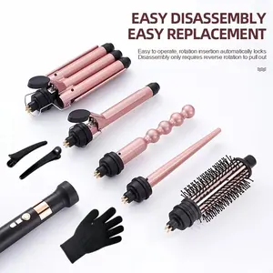 5-In-1 Curling Iron Set, Hair Curling Iron, Hair Styling Tools, 4 Interchangeable Curling Rods & 1 Brush, Instant Wave, Curl, Volume Effect, Perfect Gift, Us Plug, Use Vaoltage 100v-120v
