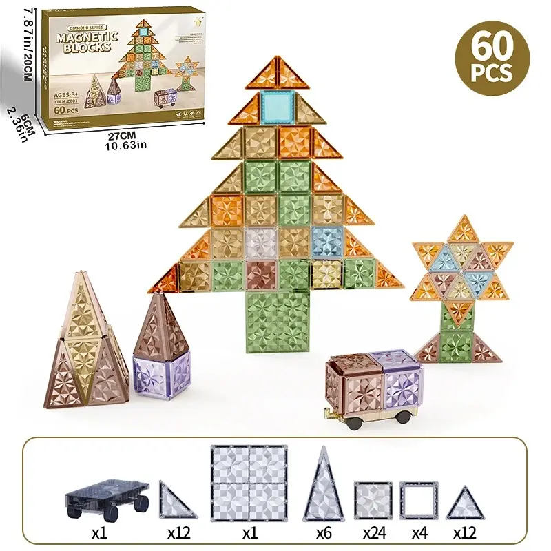 Magnetic Building Tiles 60 Piece Palatial Set for Boys Girls Kids, Diamond Series Magnetic Tiles Activity Building Block Toddler Toys