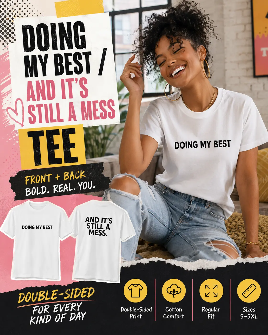 Unisex Cotton Funny Graphic T-Shirt - Doing My Best Back Print, Sarcastic Design, S, L, Plus Size, 3XL, 4XL (Sports & Outdoor Top)