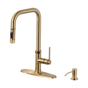 WOWOW Modern Brushed Gold Single-Handle High Arc Kitchen Faucet, Durable Steel Pull-Down Sprayer with Pull-Out Spray Wand, Multiple Spray Modes and Soap Dispenser