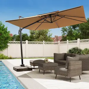 (With Base) 11ft Offset /Cantilever Outdoor Patio Umbrella with Base, Easy Tilt & Crank, Adjustable Polyester Shade for Garden, Backyard, Poolside