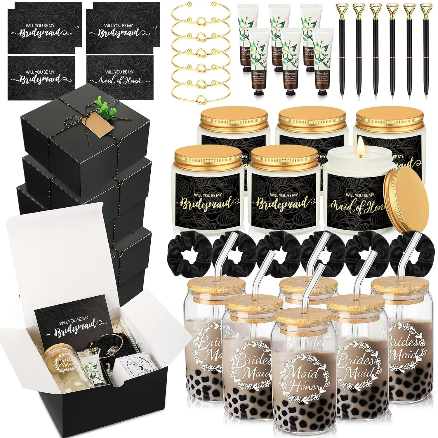 Bridesmaid Proposal Box Party Favor Set (60-Count Bulk Gift Items) with Light Plastic Box, Scented Candle, 6 Glass Cups, Cards, Scrunchies, Knotted Hair Bracelets, Hand Cream, Black Pens for Maid of Honor