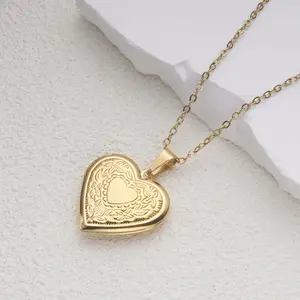 Photo Frame Photo Box Necklace Heart-shaped Pattern Jewelry Stainless Steel for Men and Women