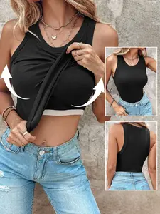 Sexy Ribbed Crop Tank Top with Padded Cups, Women's Sleeveless Crew Neck Short Workout Tank, Slim Fit Basic Camisole with Removable Bra Pads, High Elasticity Cropped Y2K Vest, Casual Daily & Gym Wear
