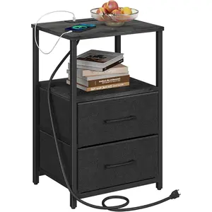 TUTOTAK End Table with Charging Station, Night Stand, Side Table with 2 USB Ports and Outlets, Nightstand with Cloth Drawer, Bedside Table for Livingroom, Bedroom Charcoal Grey TB01BY088