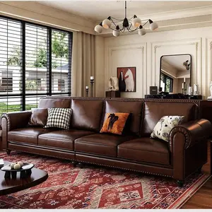 Large Genuine Leather Sofa with Oil Wax Top Layer, Oversized Vintage Distressed Top-Grain Cowhide Couch, High Comfort Luxury Leather Sofa for Spacious Living Room, Villa & Lounge
