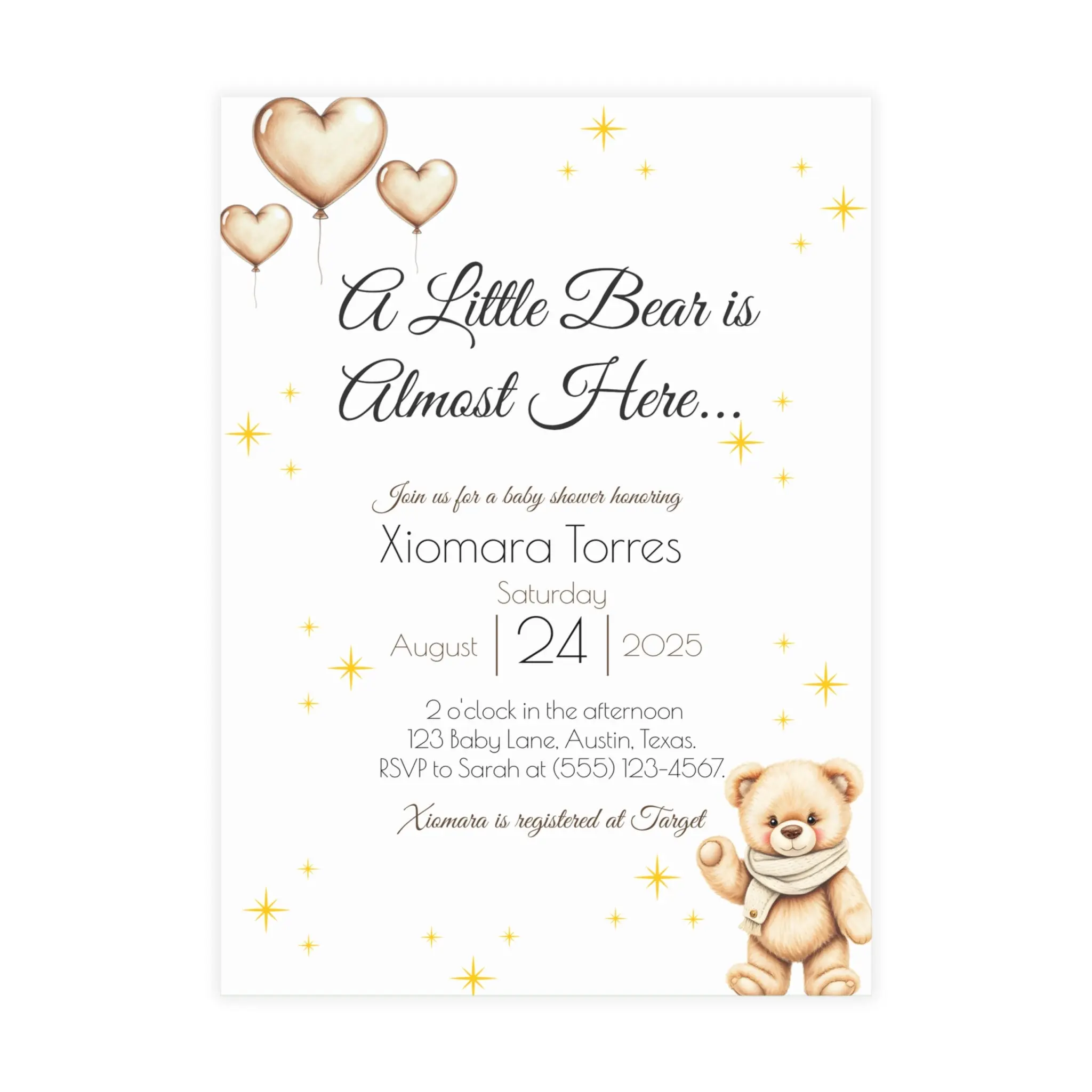 Custom Baby Shower Invitation – Printed Teddy Bear Theme | Neutral | Personalized Invite for Boy or Girl | Premium Cardstock + Free Shipping