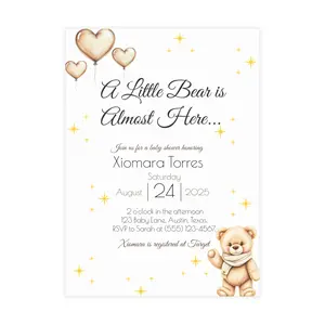 Custom Baby Shower Invitation – Printed Teddy Bear Theme | Neutral | Personalized Invite for Boy or Girl | Premium Cardstock + Free Shipping