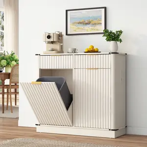 20 Gallon Double Tilt-Out Trash Cabinet, Fluted Laundry Hamper + 2 Drawers + Charging Station, Arc Design, Wooden Hidden Garbage Can for Kitchen & Living Room