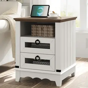 Garvee Nightstand Farmhouse Side Table 24" inch End Table Bedside Table with Charging Station Night Stand 2 Drawers  Open Cubby Wood Sofa Side Table Living Room Bedroom