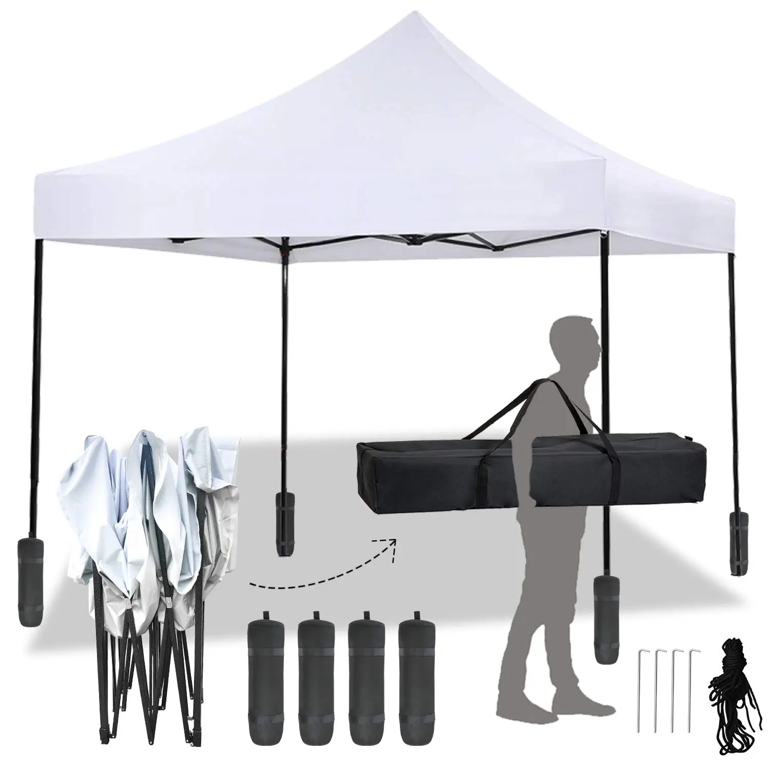 10x10 Pop Up Canopy Tent UPF50+ UV Protection Waterproof 4 Adjustable Heights Sturdy Steel Frame Portable Outdoor Canopy with Sandbags Stakes Ropes Carry Bag for Beach Camping Market
